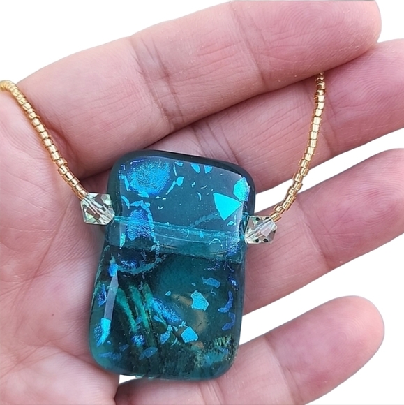 Vintage Jewelry - Vintage Handmade Art Glass Pendant Necklace Turquoise Gold Beaded Cord Artsy